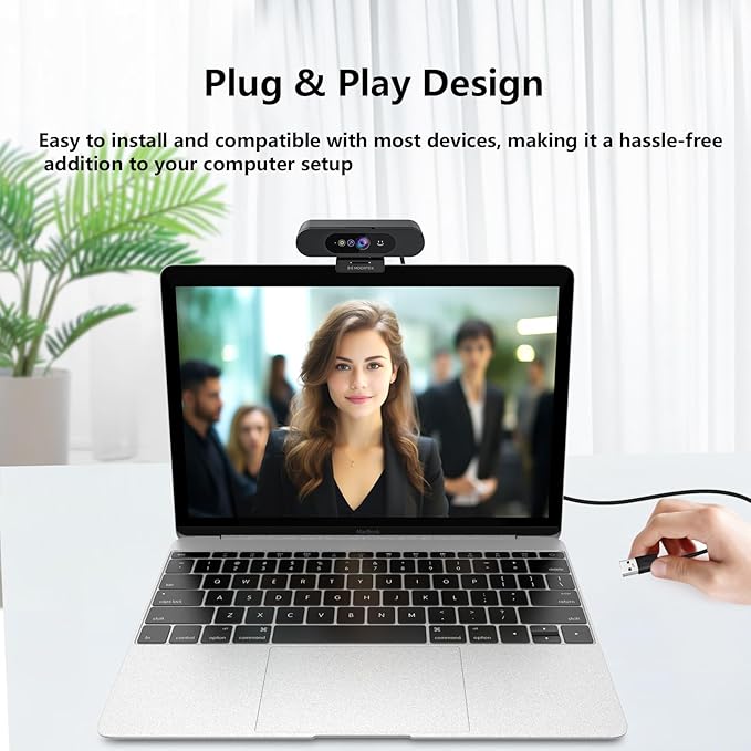 Window Hello Webcam, 1080P 30fps Camera with Noise-reducing Mic, Plug & Play, 90° Wide Angle, Built-in Privacy Cover, 360° Rotation & 90° Tilt, Perfect for Zoom, Google Meet, Microsoft Teams