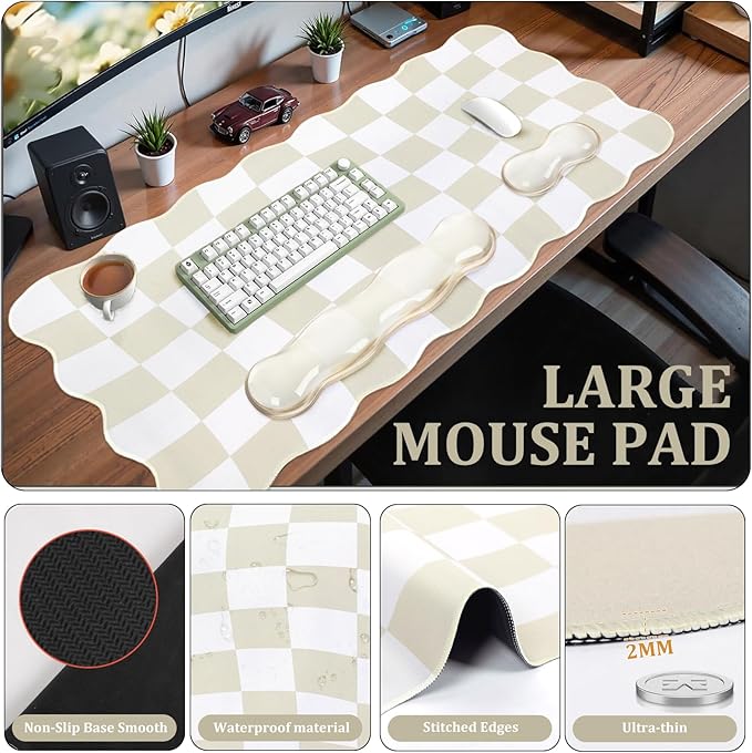L-SPOUTTO Beige Checkered Mouse Pad Set,Scalloped XXL Desk Mat + Ergonomic Mouse Wrist Rest + Gel Keyboard Wrist Rest for Keyboard 65%/75%,3in1 Large Desk Pad for Desktop Home Office Computer Game