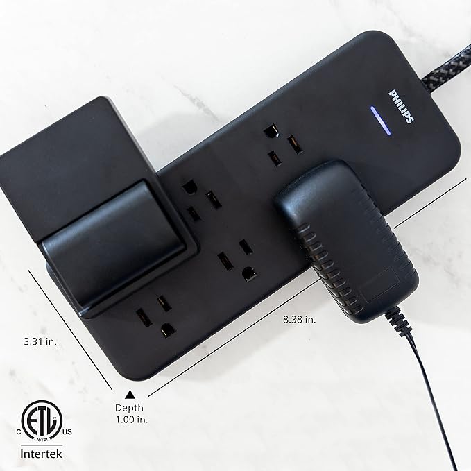 Philips 6-Outlet Surge Protector, 8 Ft, Braided Cord, 1080 Joules, Adapter-Spaced, Black, SPC6066BB/37