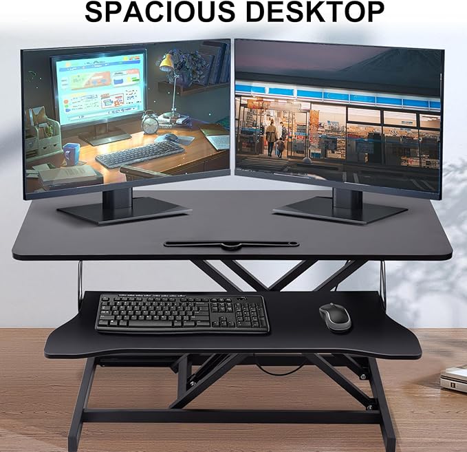 38-Inch Height Adjustable Standing Desk Converter, Duals Monitor & Laptop Riser with Wide Keyboard Tray, Sit to Stand Ergonomic Workstation for Home Office, School, Business, Black