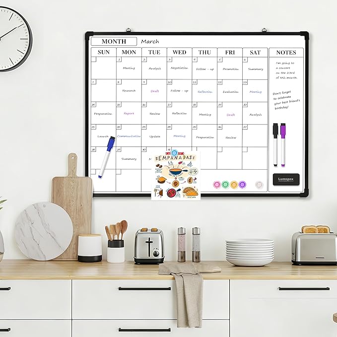 Monthly Whiteboard Calendar for Wall, 24" x 18" Dry Erase Board with Plastic Frame, Hanging Dry Erase Calendar with 3 Mini Sticky Notes for Kitchen Planner, Memo, Home and Office, Black