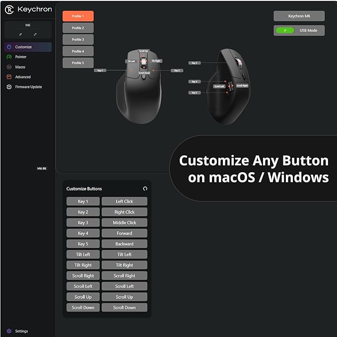 Keychron M6 8K Wireless Gaming Mouse, 2.4G/Bluetooth/Wired, PixArt 3950 Sensor, 8000Hz Polling, Silent Clicks, 5 On-Board Memory Profiles for Plug & Play, Programmable for Mac/Win/Linux – Black
