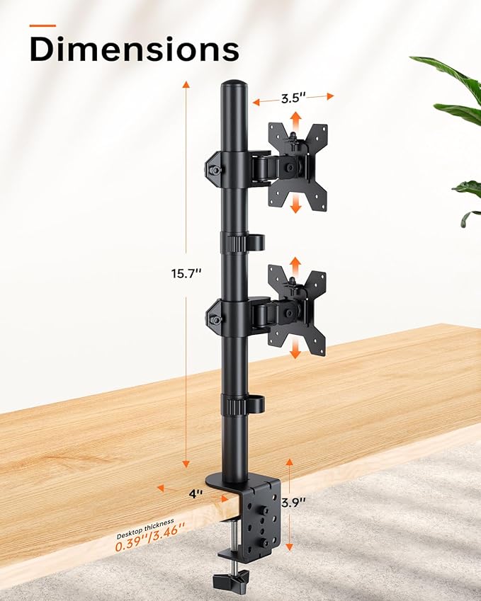 Dual Monitor Stand for 13-27'' Monitors, Vertical Stack Screen Free-Standing Monitor Riser with Swivel, Tilt, Height Adjustable, Holds One (1) Screen Up to 35Lbs, 75x75/100x100 VESA, C-Clamp