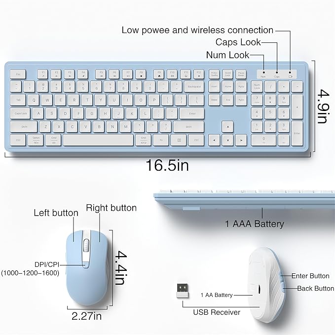 Wireless Keyboard and Mouse Combo, Full-Size 104-Key Office Keyboard with 15 Function Keys, Numeric Keypad, Single USB Receiver, Compatible with PC and Laptop(Blue White)