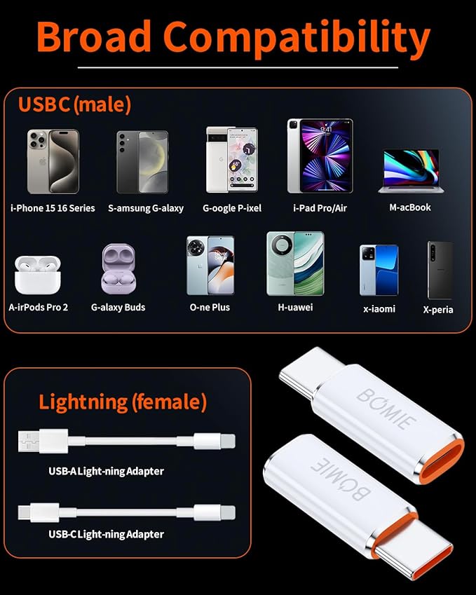 BOMIE Light-ning to USB C Adapter 2 Pack,PD27W/66W Fast Charging 480Mbps Data Transfer,USB C Charger Connector Cable for M-acBook,Phone 15/16/17 Pro Max,Pad pro,G-alaxy,X-Peria,No for Headphone/OTG