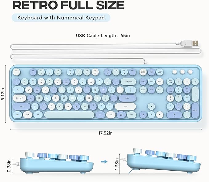 Wired Keyboard, Full-Sized Typewriter Keyboards, USB Plug and Play Office Keyboard with Number Pad, Caps Indicators, Foldable Stands for Windows, PC, Laptop, Desktop (Blue Colorful)