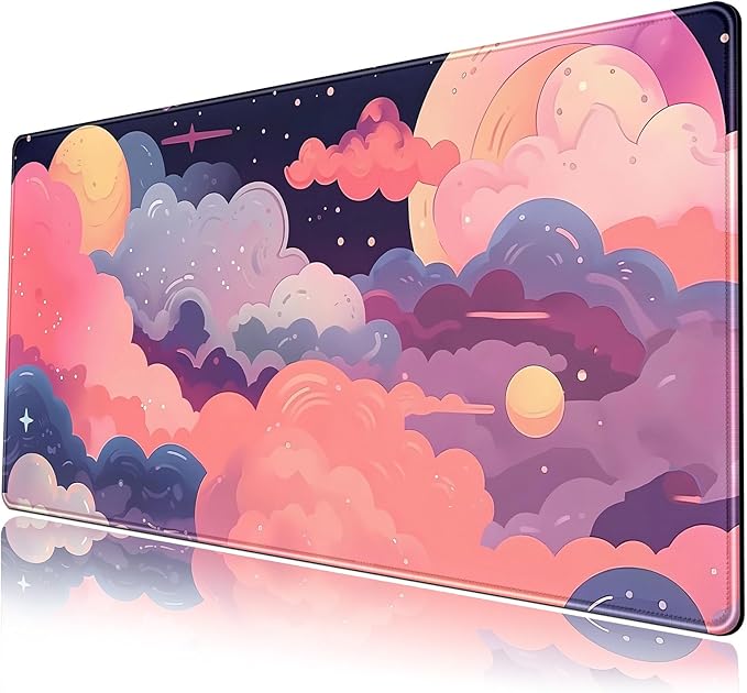 Cute Desk Mat Kawaii Clouds Pink Purple Desk Pad Anime XXL Large Mouse Pad Big Full Desk Gaming Mousepad Laptop Computer Keyboard Mouse Mat 31.5''X 15.7'' Cute Desk Decor Accessories