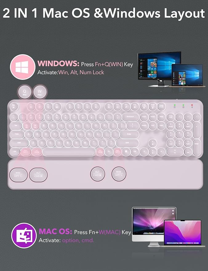 Wireless Keyboard and Mouse Backlit - Typewriter Keyboard with Magnetic Wrist Rest, Retro Round Keycaps, Light Up Letters, 2.4GHz Cordless Combo for Mac, Windows, PC, Laptop, Trueque(Dusty Lavender)