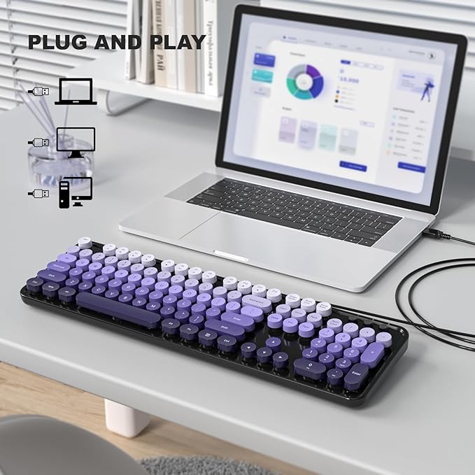 KNOWSQT Wired Computer Keyboard - Blackpurple Colorful Retro Full Size Round Keycaps Plug and Play Typewriter Cute Keyboards for Windows, Laptop, PC, Desktop, Computer