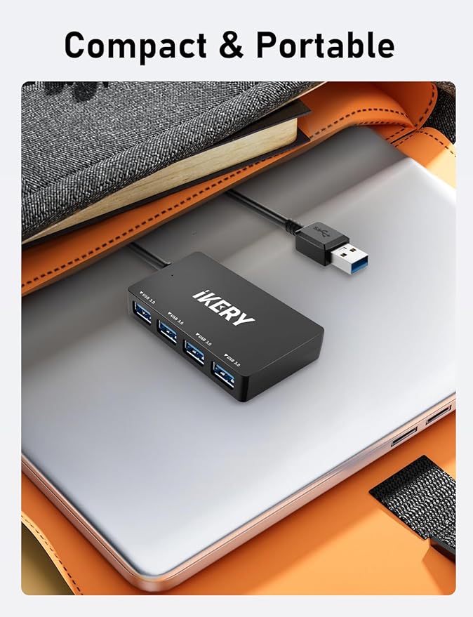 4-Port USB 3.0 Hub, High Speed 5Gbps Data Transfer Hub for Laptop, PC, MacBook - Portable Type-A Ports with 2ft Extended Cable