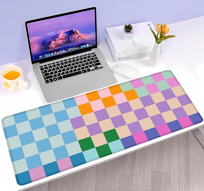 Colorful Checkered Desk Mats, Retro Purple Pink Blue Green Large Desk Pad, Aesthetic Desktop Mat, Writing Mat, Non-Slip Rubber Gaming Mouse Pad for Laptop Computer Office, 31.5 X 11.8 in