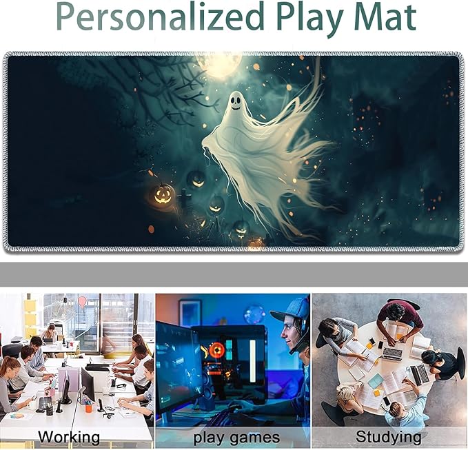 Large Gaming Mouse Pad + Keyboard Wrist Rest + Wrist Support + Coaster Set, Memory Foam Ergonomic for Easy Typing, XXL Extended Gaming Mouse Pad Table Pad - Halloween Ghost