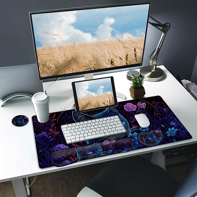 Large Mouse pad and Keyboard Support Set, Ergonomic Memory Foam Keyboard Wrist Rest, Extended Gaming Mouse Pad with Stitched Edges, Black Light Cat XXL Desk Mat (31.5 X 11.8 in)