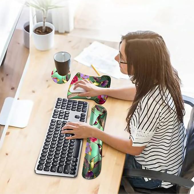 Ergonomic Mouse Pad with Wrist Support Gel & Memory Foam, Floral Hummingbird Flower Pattern, Non-Slip PU Base for Office, Gaming, Computer, Laptop, Home