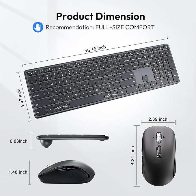 M9250 Wireless Keyboard Mouse Combo,Scissors Mechanism QWERTY Silent Wireless Bluetooth Keyboard and Ergonomic Mouse Set for Windows, iOS, Android, Computer Desktop PC Laptop iPad