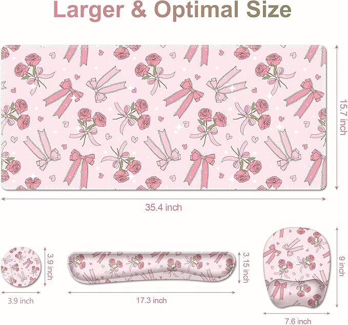 Pink Mouse Pad with Wrist Support 4 in1 Set, XXL Big Game Mousepad + Keyboard Wrist Rest + Mouse Wrist Rest Pad +Coaster Gaming Mat for Home Office Work Computer Laptop PC I Sweet Rose & Heart Bow