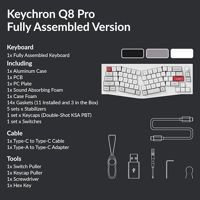 Keychron Q8 Pro 65% Alice Layout Wireless Custom Mechanical Keyboard, Bluetooth/Wired, QMK/VIA Programmable, Hot Swappable Ergonomic Aluminum RGB Backlit for Mac Windows Linux-White