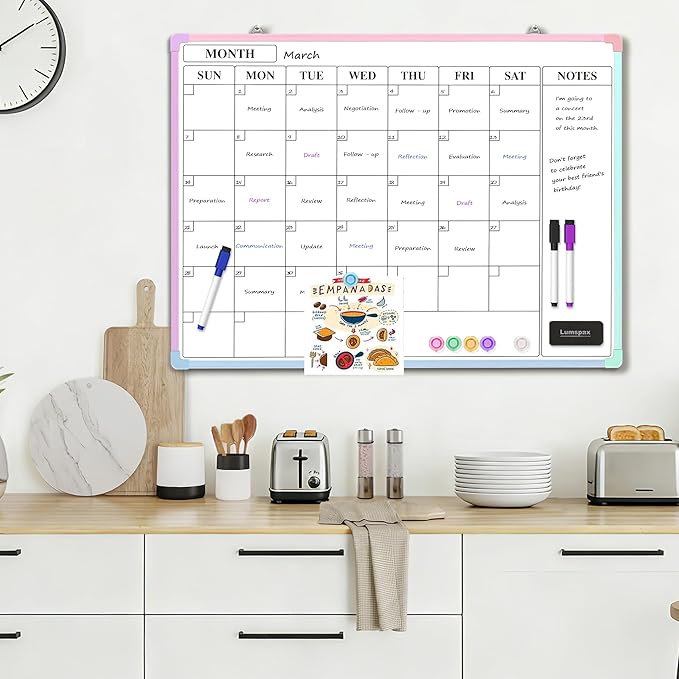 Monthly Whiteboard Calendar for Wall, 24" x 18" Dry Erase Board with Plastic Frame, Hanging Dry Erase Calendar with 3 Mini Sticky Notes for Kitchen Planner, Memo, Home and Office, Colorful