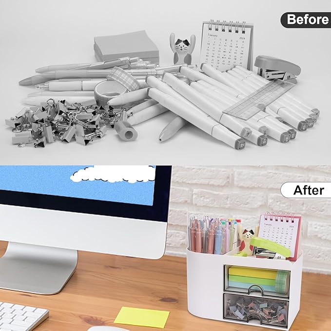 Desk Organizer with Drawer, Pen Organizer for Desk, Small Pencil Holder, Desk Organizers and Accessories for Office Home Storage (2 Drawers+4 Compartments, White)