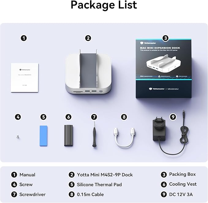 Yottamaster 9 in 1 Mac mini M4 Dock 10Gbps with 8TB NVMe SATA SSD Enclosure, Aluminum Mac mini M4 Stand and Hub, Built in Cool Fan, USB-A*2/USB-C 10Gbps, USB-A 2.0 * 2, 3.5mm Audio*2, TF/SD
