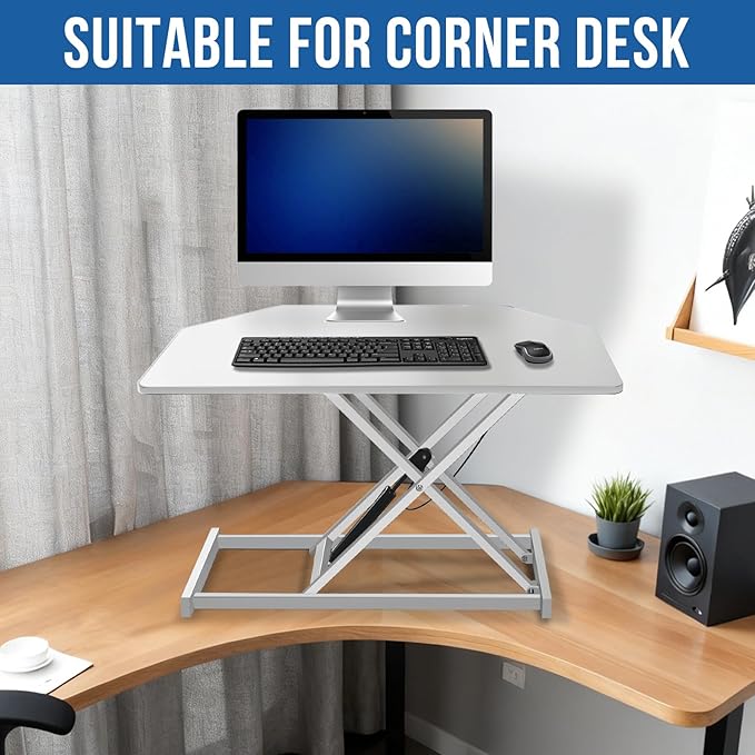 32 inch White Corner Standing Desk Converter, Assembled One-Click Sit to Stand up Desk Riser, for Dual Monitor and Laptop Height Adjustable Workstation