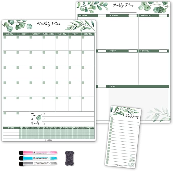 Magnetic Calendar for Refrigerator, Greenery Dry Erase Fridge Calendar Set (3 Boards) - Monthly & Weekly Planner Whiteboard, Shopping List White Board, 3 Markers + Eraser
