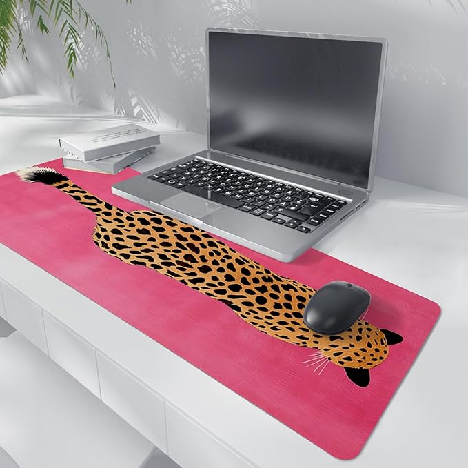 Pink Boho Cheetah Decor Desk Mat,XL Large Bold Leopard Animal Mouse Pad,Vibrant Retro Pop Art Cat Mousepad for Home Office Dorm Desktop Decor,31.5x11.8 Inch