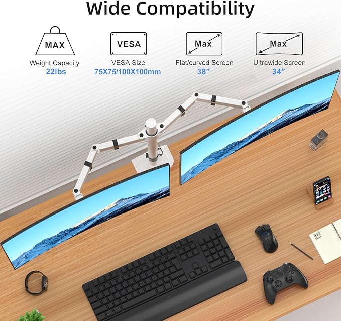 Suptek Dual Monitor Desk Mount, Adjustable Dual Monitor Arm for 2 Monitor Screens up to 38 inch, Extra Tall 15.75" Pole Monitor Stand for Desk, Holds up to 22 lbs,White(MD9442MW)
