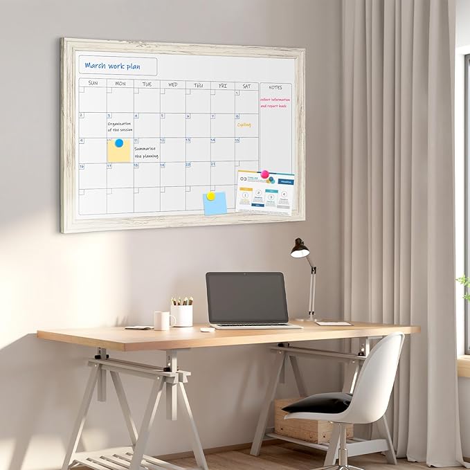 4 THOUGHT Whiteboard Calendar 36" x 24" Magnetic Dry Erase Board Wood Frame Wall-Mounted Monthly Planner White Board Decorative Notice Board for Office School Home, White Vintage