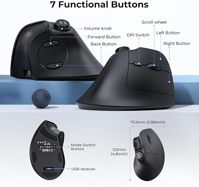 seenda Ergonomic Mouse Wireless, MOU-302 Bluetooth Vertical Mouse Rechargeable, Optical Mice with 1000/1600/2400 DPI, Volume Knob, 3 Multi-Device Connectivity for Computer/PC/Laptop/Mac, Black