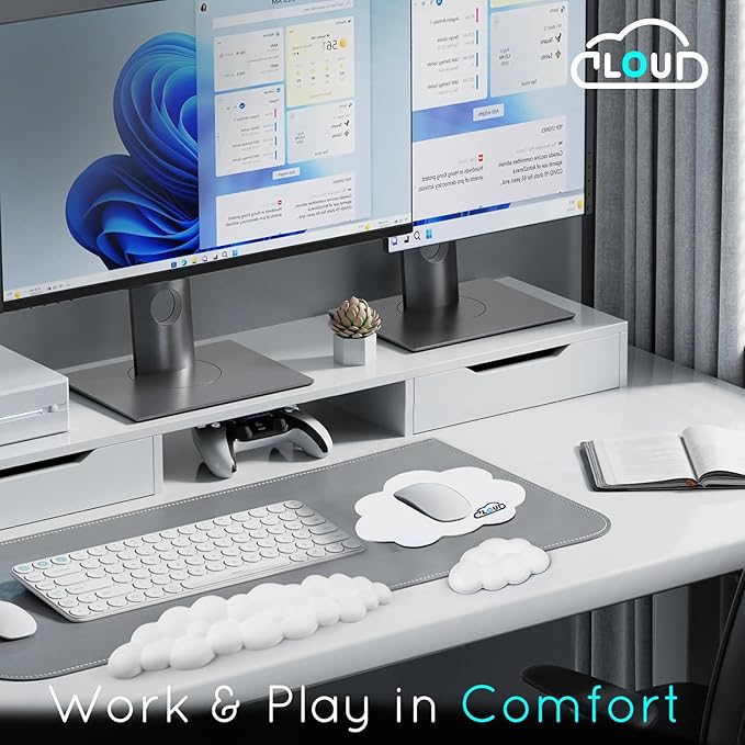 Cloud Wrist Rest for Computer Keyboard Arm Wrist Rest with Non-Slip Base Extended Wrist Rest Ergonomic Memory Foam for Keyboard and Mouse Typing Pain Relief, Office, Gaming, Computer (cloud white set)