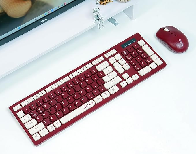 Wireless Keyboard and Mouse Combo, Reccazr 2.4G Full-Sized Keyboard and Mouse Cordless, 3 DPI Adjustable Mouse, Dual-System Keyboard for Computer/Laptop/Windows/Mac (Wine red)