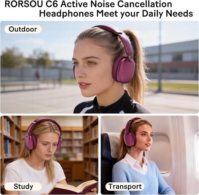 RORSOU C6 Active Noise Cancelling Headphones, Wireless Over Ear Bluetooth Headphones, 60H Playtime, Lightweight Folding Deep Bass Comfort Fit Ear Cups Headset with Mic for iPad/Travel/PC/Home Red