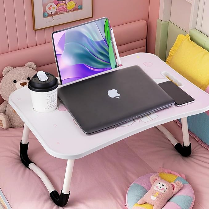 Laptop Desk Foldable Kawaii Bed Desk Table Cute Folding Breakfast Tray Portable Lap Standing Desk Notebook Stand Reading Holder for Bed/Couch/Sofa/Floor (Pink)