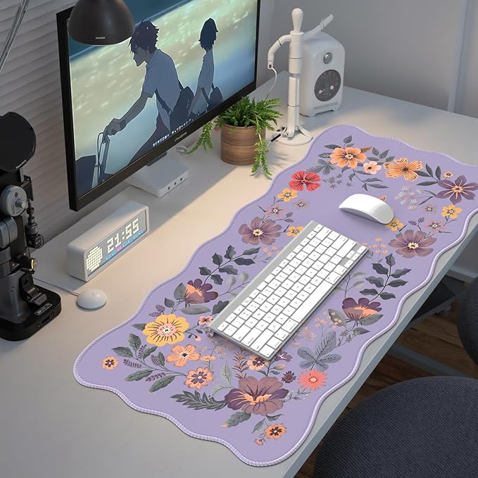 iCasso Large Mouse Pad, Scalloped Desk Matt for Desktop, Desk Pad Mat, Anti-Slip Big Mousepad with Stitched Edges, Floral Desk Mat for Keyboard and Mouse for Computer (Purple)