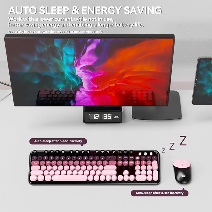 Wireless Keyboards and Mouse Combos, Colorful Cute Typewriter Full-Size Retro Creamy Keyboard, 2.4GHz Sleep Mode Office Quiet Wireless Keyboard and Mouse Set for Desktop Laptop PC Computer-BlackBerry