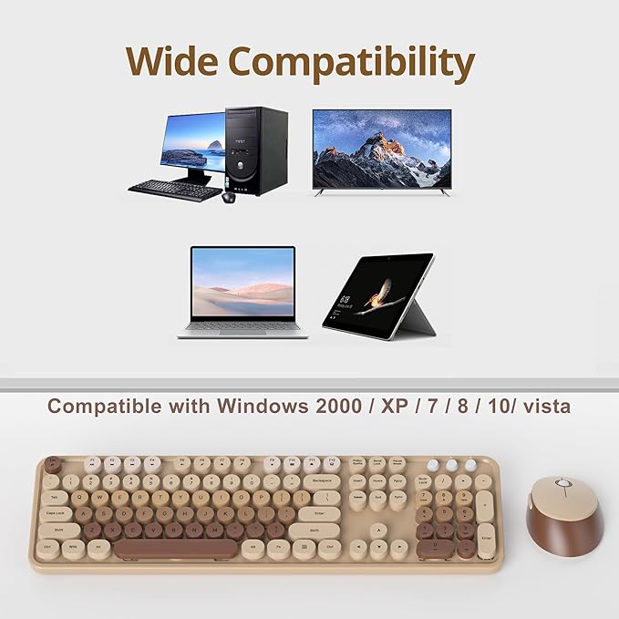Coffee Brown Keyboard and Mouse Combo Wireless, 2.4G Full Size 104-Key Retro Typewriter Keyboards Round Keys for Students Teenagers Home Office PC Laptop(Coffee)
