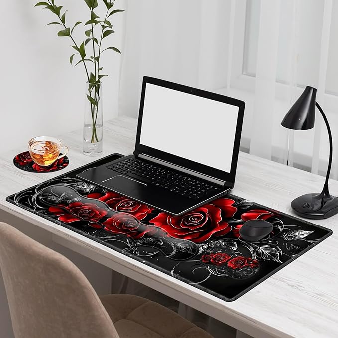 Gaming Mouse Pad Set, Swirl red Roses Large Desk Mat Mousepad, Keyboard Wrist Support, Mouse Wrist Rest, Coaster 4in1 Ergonomic Memory Foam, Non-Slip Stitched Edge for Home Office
