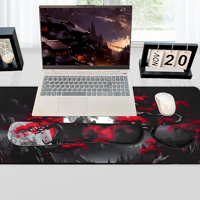 3-in-1 Large Gaming Mouse Pad Set, Anime Mouse Pad & Keyboard Wrist Rest, Memory Foam Ergonomic, Mountain Moon Scenery XL Desk Mat Set Suitable for Home Office,31.5 X 11.8 Inch