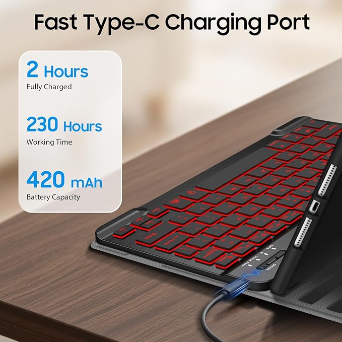 FINTIE Backlit Keyboard Case for iPad 9th / 8th / 7th Generation (2021/2020/2019) 10.2 Inch, Soft TPU Back Cover with 7 Colors Backlight Magnetically Detachable Bluetooth Keyboard, Composition Book