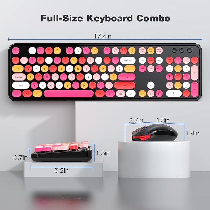 Wireless Keyboard and Mouse Combo, 104 Keys Full-Sized 2.4 GHz Round Keycap Typewriter Keyboards, USB Receiver Plug and Play, for Windows, Computer, PC, Laptop, Desktop (Black Colorful)