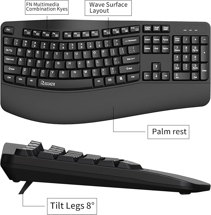 RECCAZR Ergonomic Keyboard, Wired Computer USB Keyboard with Wrist Rest, Spill-Resistant, Wave Keys for Natural Typing, Compatible with Windows/PC/Laptop(Black)