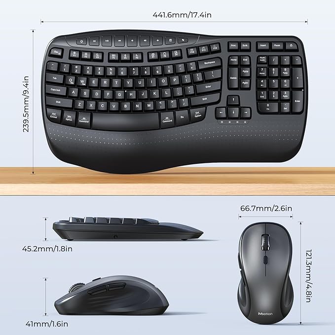 MEETION Ergonomic Keyboard and Mouse Wireless Combo, Wave Keys Natural Typing, 2.4G USB Receiver Wireless Keyboard with Wrist Rest, 4 Adjustable DPI Optical Mouse, Computer/Laptop/Windows/Mac, Black