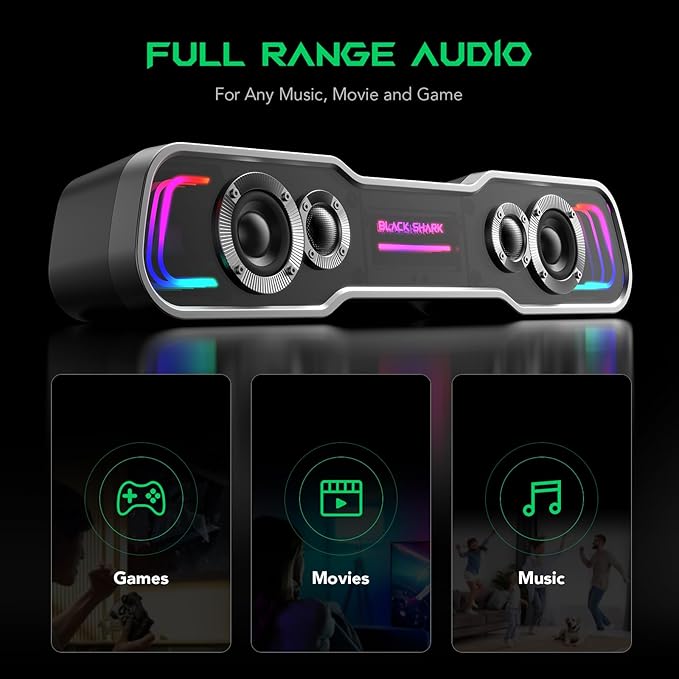 Black Shark Bluetooth Computer Speakers for Desktop, Dynamic Multi-Layer RGB Lighting Gaming PC Speaker with Deep Bass, USB C/USB Powered Sound-bar for Computer Desktop PC Monitor Laptop (BS-SP1)