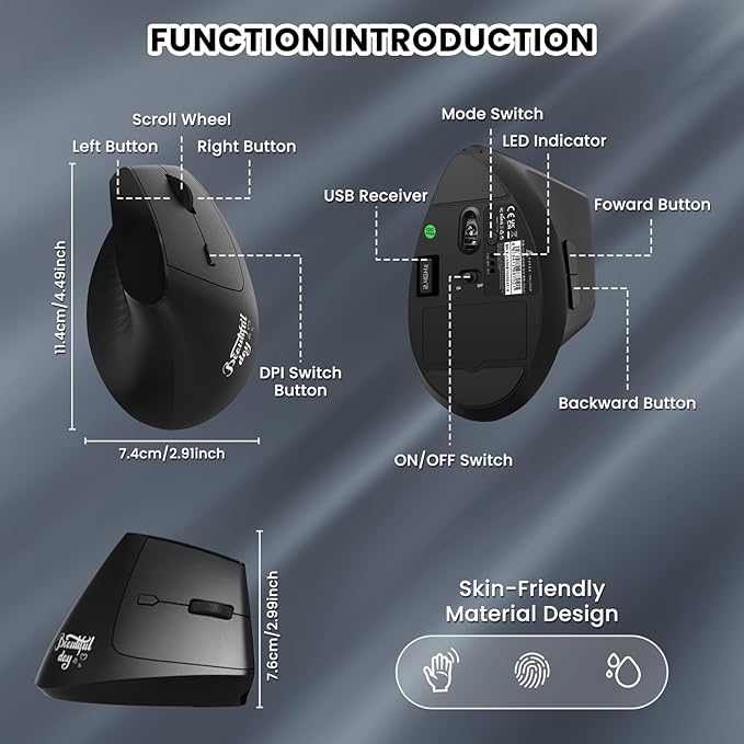 A.JAZZ I300 Bluetooth and 2.4G Rechargeable Wireless Mouse,Ergonomic Vertical Design Optical Mouse Computer Mice,800/1200/1600 DPI,Quiet Clicks,84G Lightweight for Laptop, Desktop, PC, MacBook(Black)