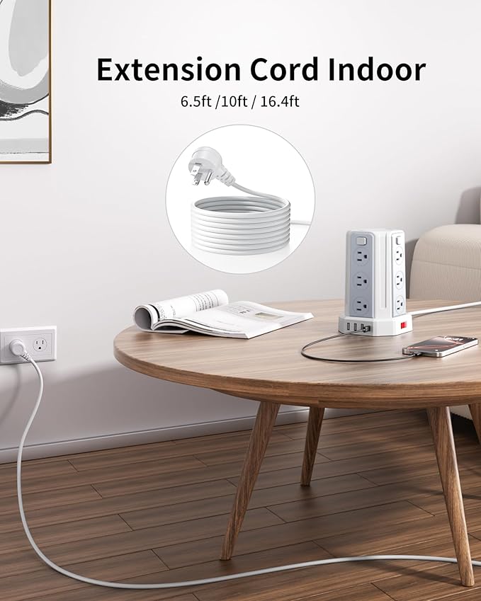 Power Strip Surge Protector, 10 Ft Extension Cord with 12 AC Multiple Outlets 4 USB (1 USB C), SMALLRT Power Tower Desktop Charging Station