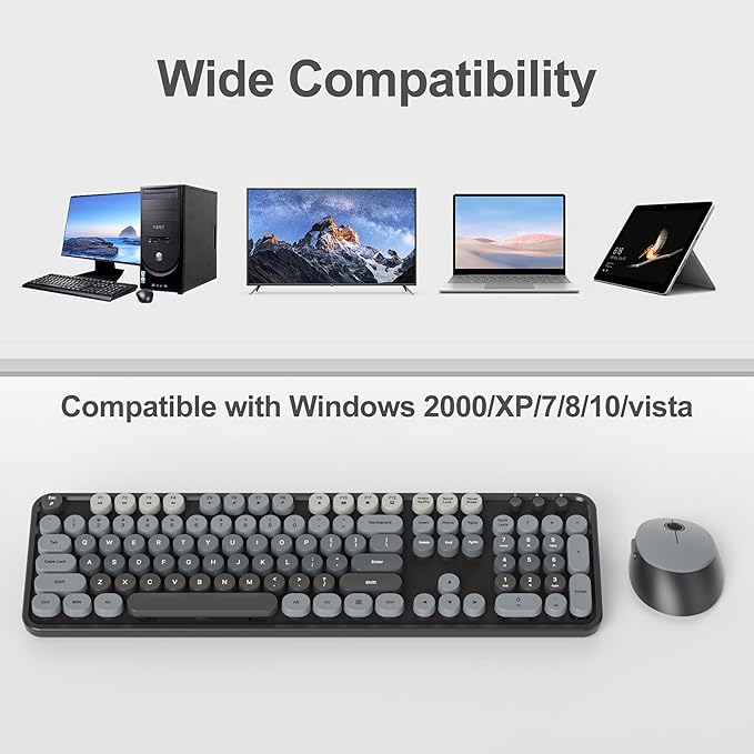 Black Keyboard and Mouse Combo Wireless, 2.4G Full Size 104-Key Retro Typewriter Keyboards Round Keys for Students Teenagers Home Office PC Laptop(Black Gray)
