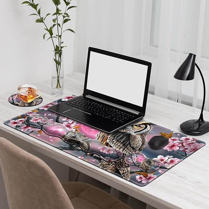 Gaming Mouse Pad Set, Cherry Tree Owl Large Desk Mat Mousepad, Keyboard Wrist Support, Mouse Wrist Rest, Coaster 4in1 Ergonomic Memory Foam, Non-Slip Stitched Edge for Home Office