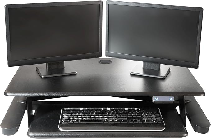 Kantek Standing Desk Converter, Electric Lift, Adjustable From, 6"-23", Large Platform Fits Dual Monitors, Sit to Stand Home Office Workstation, Grommet Hole