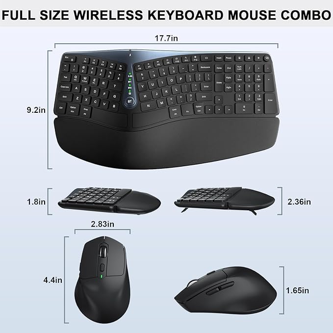 Ergonomic Wireless Keyboard Mouse Combo, MK835 Wave Keys Bluetooth/2.4G Split Design Ergo Keyboard with Cushioned Palm Rest, Multi-Device, Rechargeable, for Multi-OS, Windows/Mac/Android